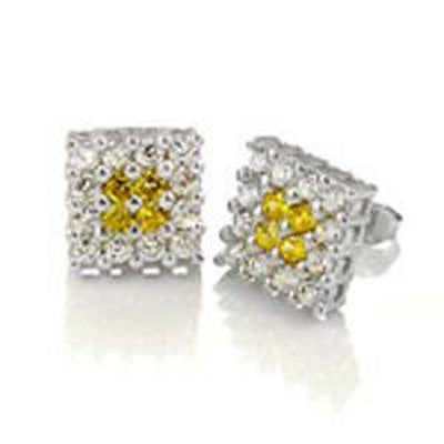 Sterling Silver Square Earrings with Hand Set Clear Cz and Yellow Cz in the CenterAnd Earring Width of 12MM