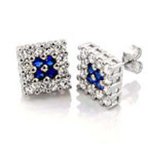 Load image into Gallery viewer, Sterling Silver Square Earrings with Hand Set Clear Cz and Blue Cz in the CenterAnd Earring Width of 12MM