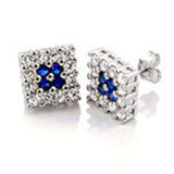 Sterling Silver Square Earrings with Hand Set Clear Cz and Blue Cz in the CenterAnd Earring Width of 12MM