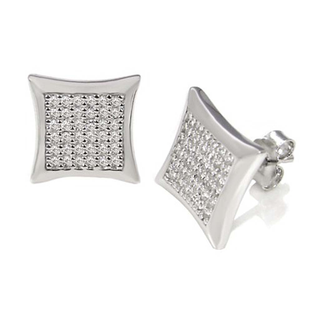 Sterling Silver Micro Pave Set Round Cz Square Earrings with Earring Width of 12MM