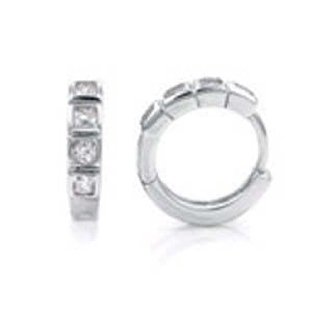 Sterling Silver Huggie Earrings with 4 Clear CzAnd earring Diameter of 12.5MM and Earring Width of 3MM