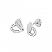 Load image into Gallery viewer, Sterling Silver Heart Earrings with Clear Cz on Each HalfAnd Earring Dimension of 11.11MMx9.53MM