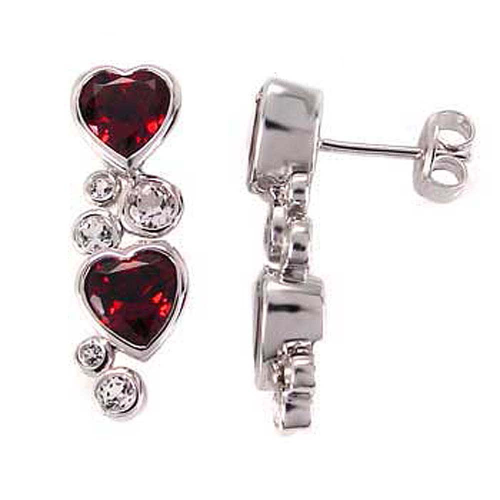 Sterling Silver CZ And Garnet Heart Shape Earrings