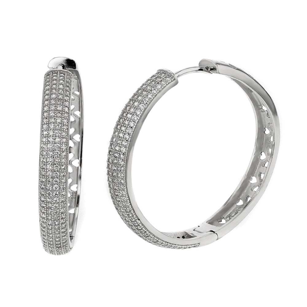 Sterling Silver 4 Line Cubic Zirconia Micro Pave Hoop Earrings