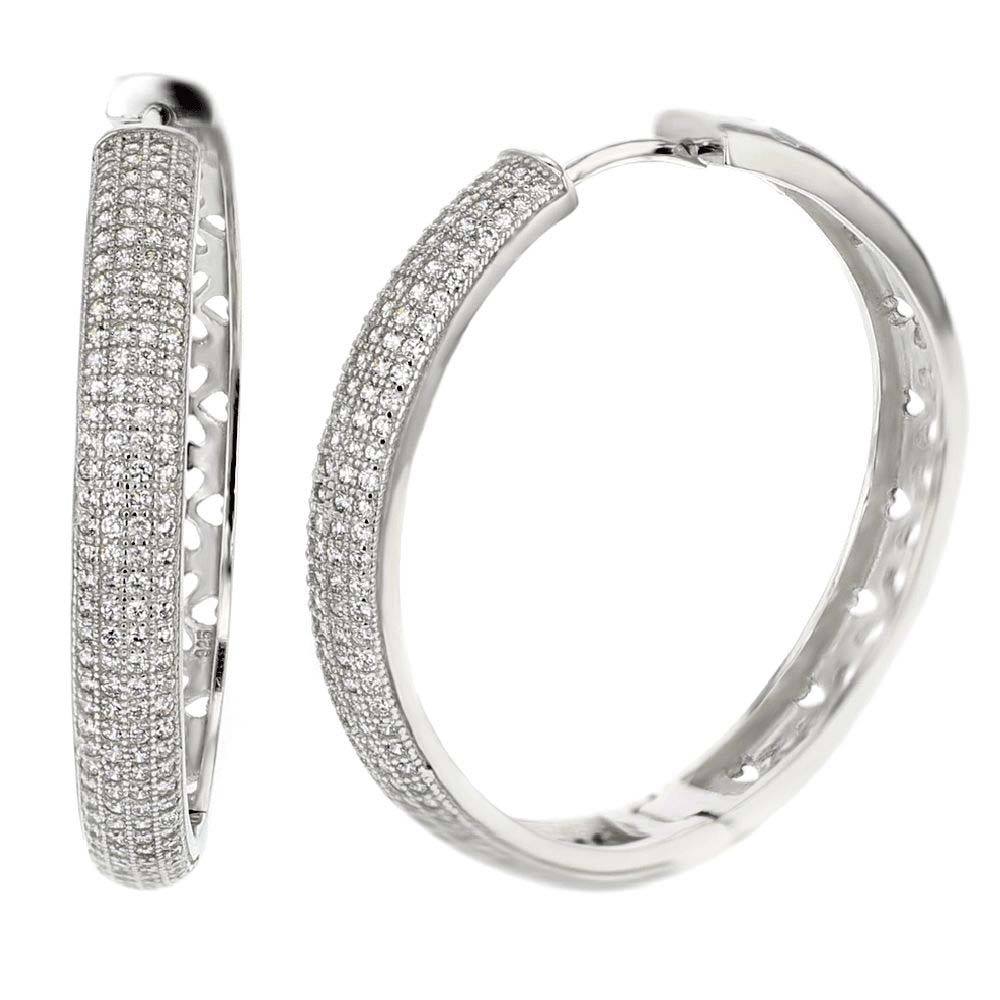 Sterling Silver 4 Line Cubic Zirconia Micro Pave Hoop Earrings