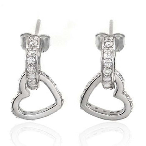 Sterling Silver Rhodium Plated Open Heart Dangle earrings with Clear CzAnd Earring Dimension of 12MMx19.05MM