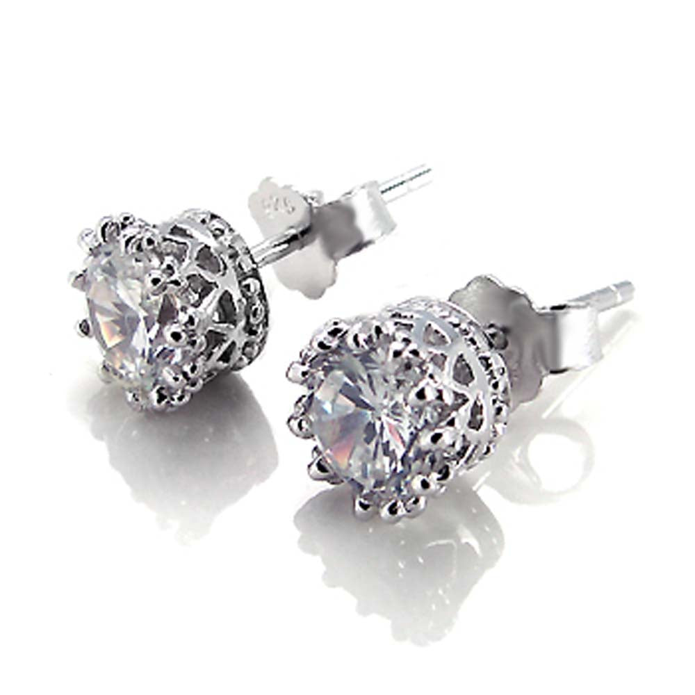 Sterling Silver Crown Design Earrings with 6MM CzAnd Earring Width of 6MM