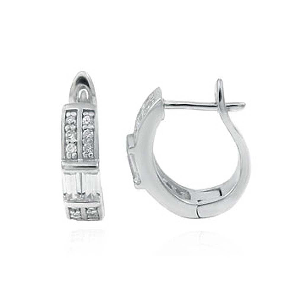 Sterling Silver Baguett and Round Cubic Zirconia French Hoop EarringsAnd Width 4.5mm