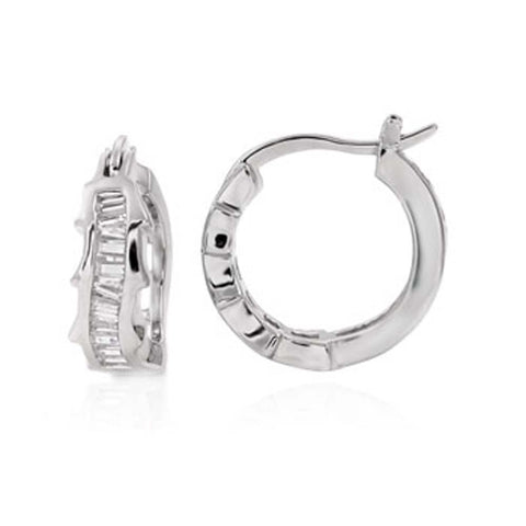 Sterling Silver Baguette Cz Wavy Huggie Earrings with Earring Diameter of 14MM and Earring Width of 4.5MM