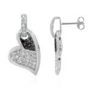 Sterling Silver Heart Shape Earrings with Black and Clear Round CzAnd Earring Dimension of 19MMx31.75MM