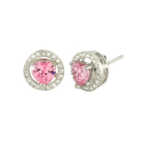 Sterling Slver Pave Set Circle Jacket Earrings with Center Pink Heart CzAnd Earring Dimension of 11MMx11MM