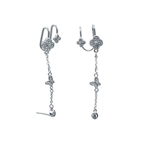 Sterling Silver Fancy Clear Cz Butterfly and Flower Ear Cuff Earrings with Earring Length of 41.28MM