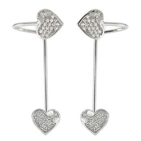 Sterling Silver Clear Cz 2 Hearts Ear Cuff Earrings with Earring Length of 25.4MM