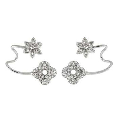 Sterling Silver Clear Cz Flower Ear Cuff Earrings with Earring Length of 12.7MM