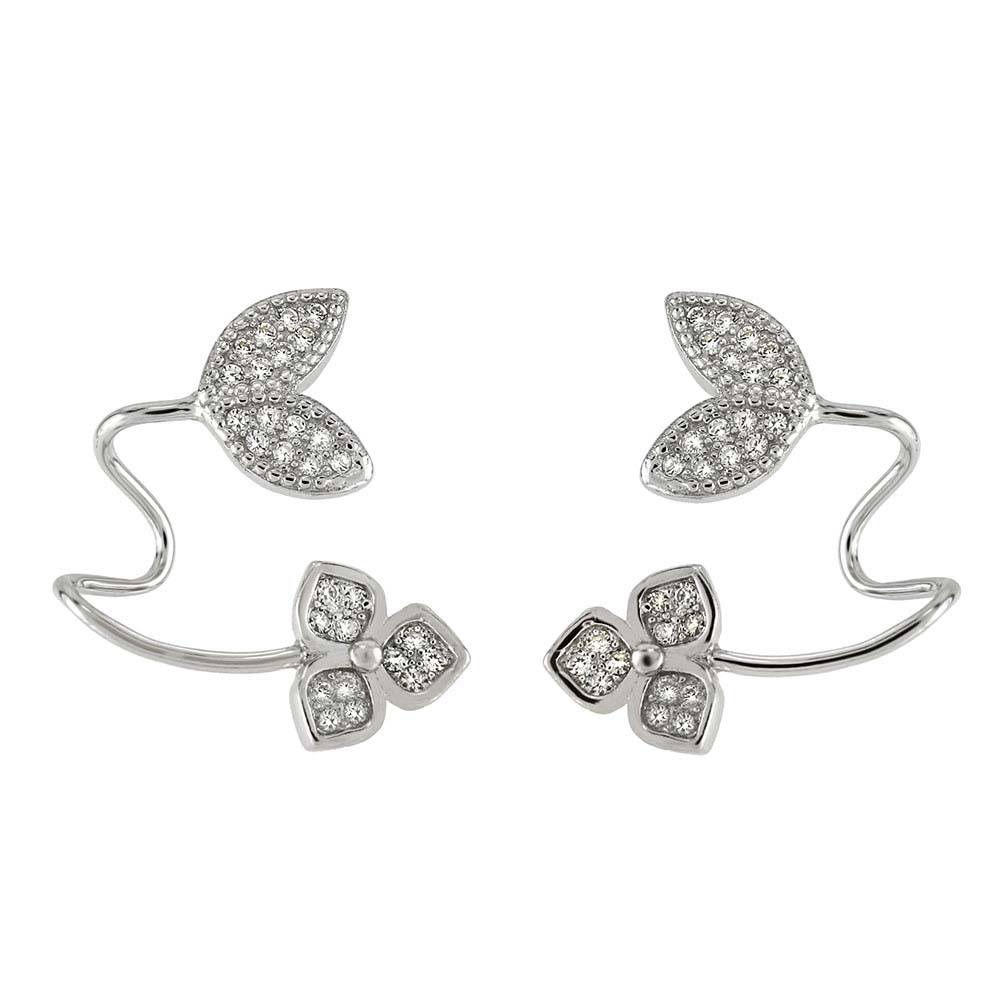 Sterling Silver Clear Cz Leaf and Flower Ear Cuff Earrings with Earring Length of 19.05MM