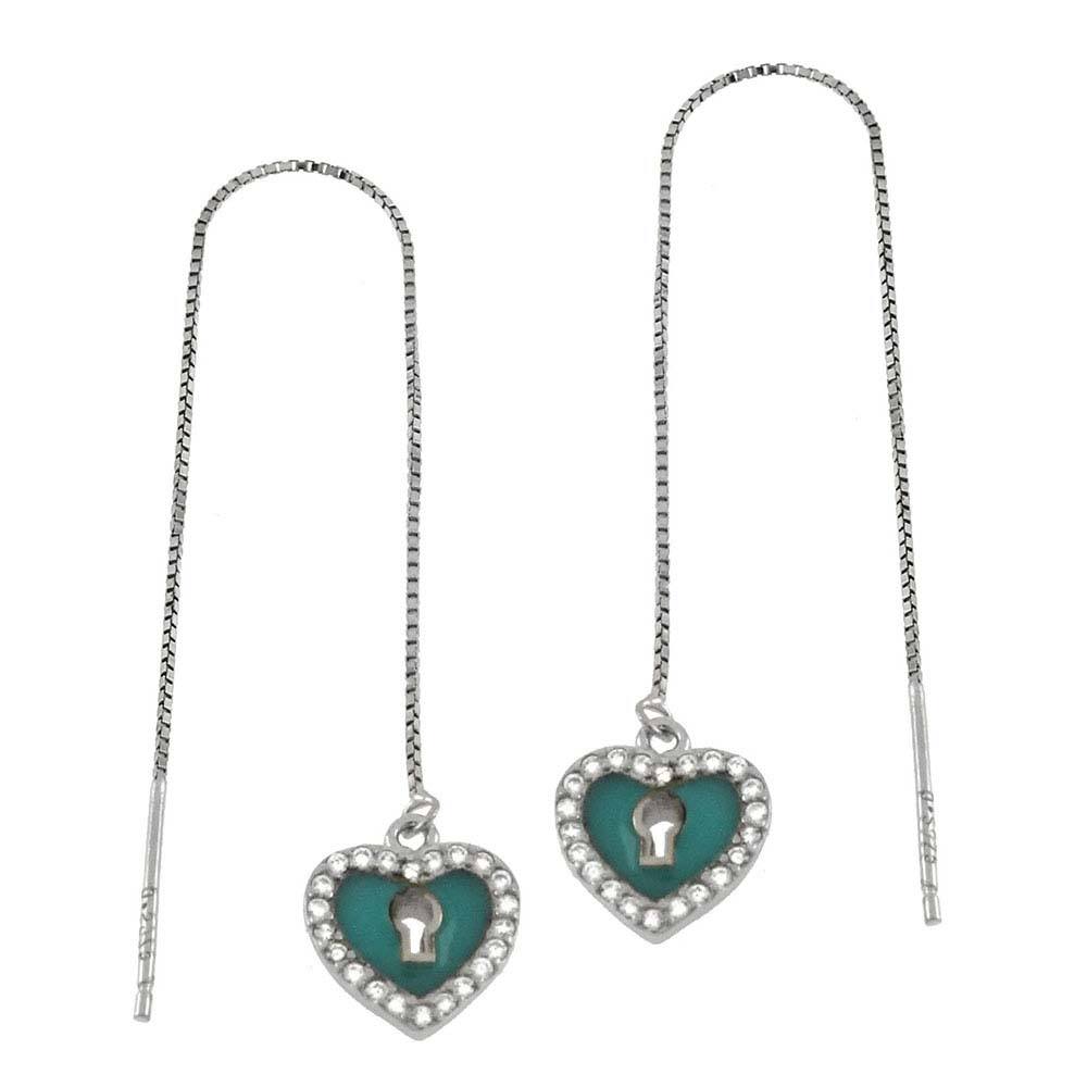 Sterling Silver Heart-Lock Sky Blue Enamel With CZ Threader EarringsAnd width 9.35mm