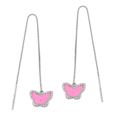 Sterling Silver Butterfly Pink Enamel With CZ Threader Earrings