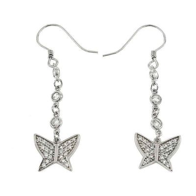 Sterling Silver Butterfly Dangle Shaped Earrings With Clear CZ