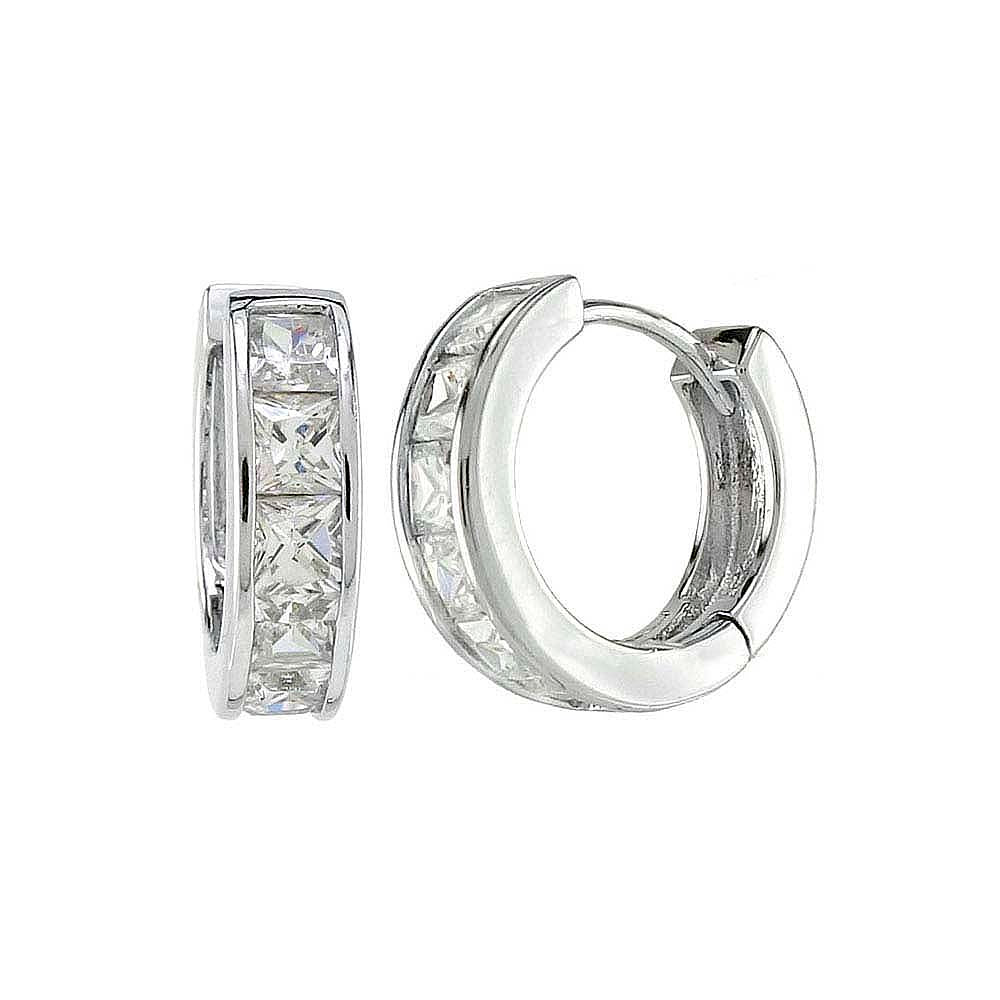 Sterling Silver Princess Cut CZ Huggie Earrings And Width 4.1 mm