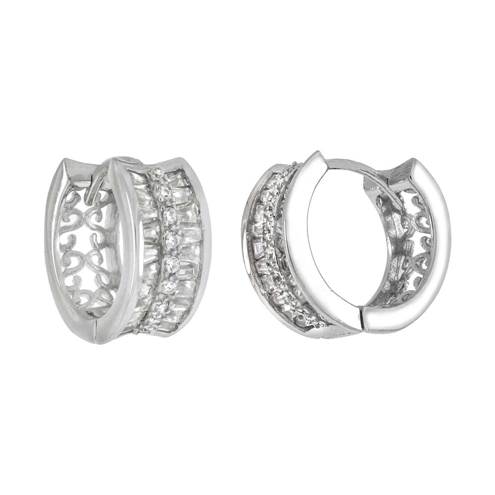 Sterling Silver 2 Lines Trapezoid and Round CZ Huggie Hoop Earrings