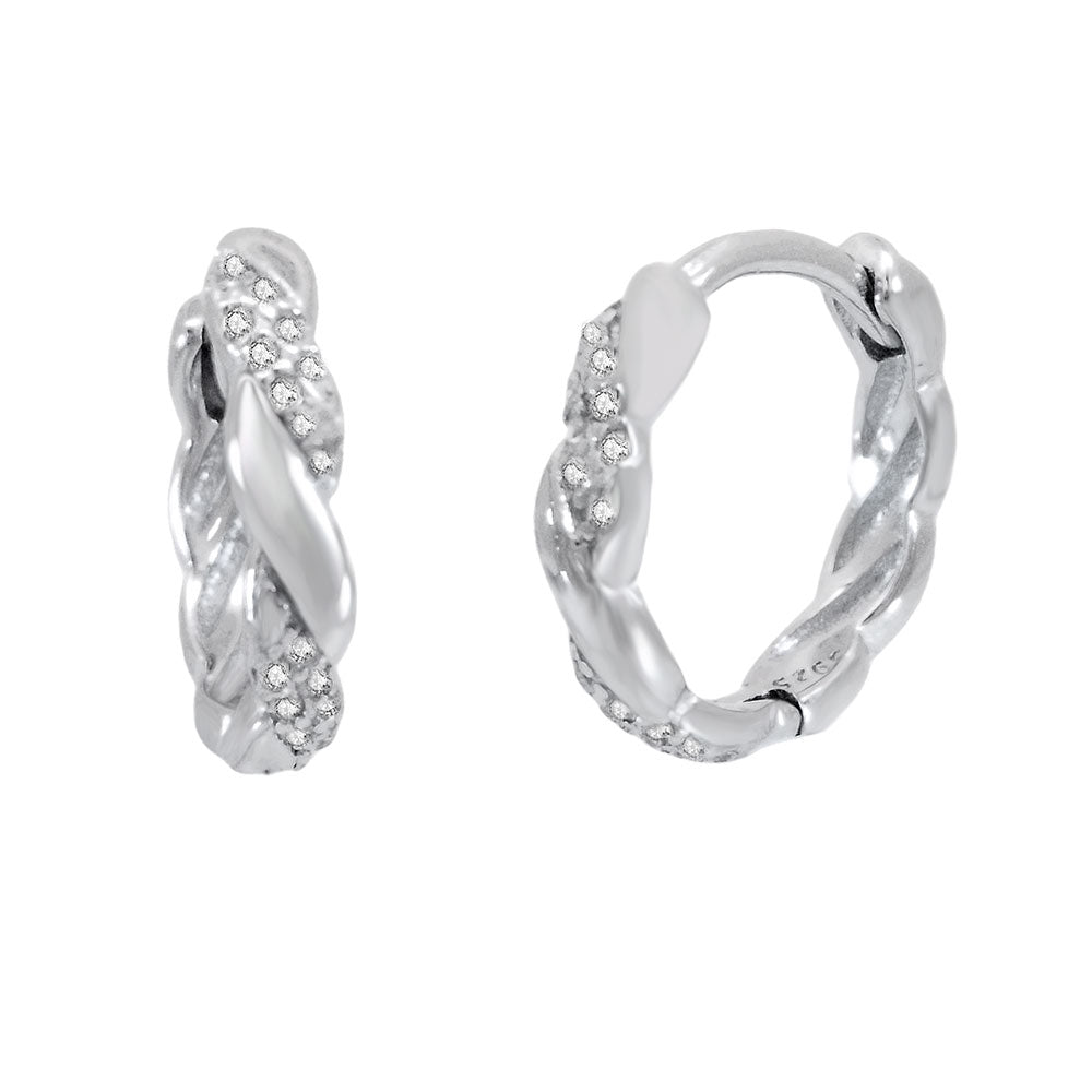 Sterling Silver Rhodium Twisted CZ Huggie Hoop Earrings Width-2.8mm, Diameter-13.5mm