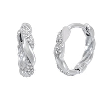 Load image into Gallery viewer, Sterling Silver Rhodium Twisted CZ Huggie Hoop Earrings Width-2.8mm, Diameter-13.5mm
