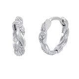 Sterling Silver Rhodium Twisted CZ Huggie Hoop Earrings Width-2.8mm, Diameter-13.5mm