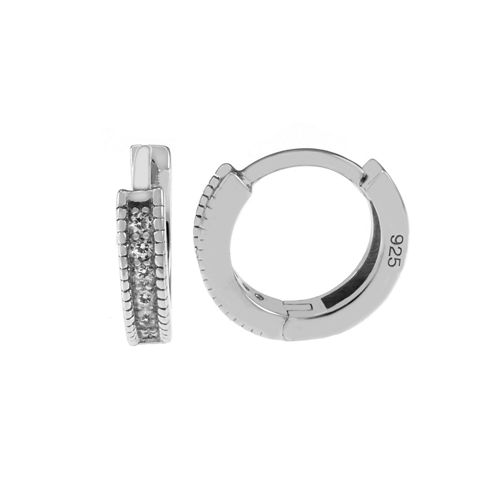 Sterling Silver Round CZ Huggie Rhodium Hoop Earrings