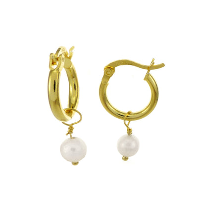 Sterling Silver Gold Plated Fresh Water Pearl Hoop Earrings Width-6mm, Diameter-13.5mm