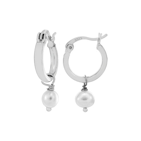 Sterling Silver Rhodium Fresh Water Pearl Hoop Earrings Width-6mm, Diameter-13.5mm