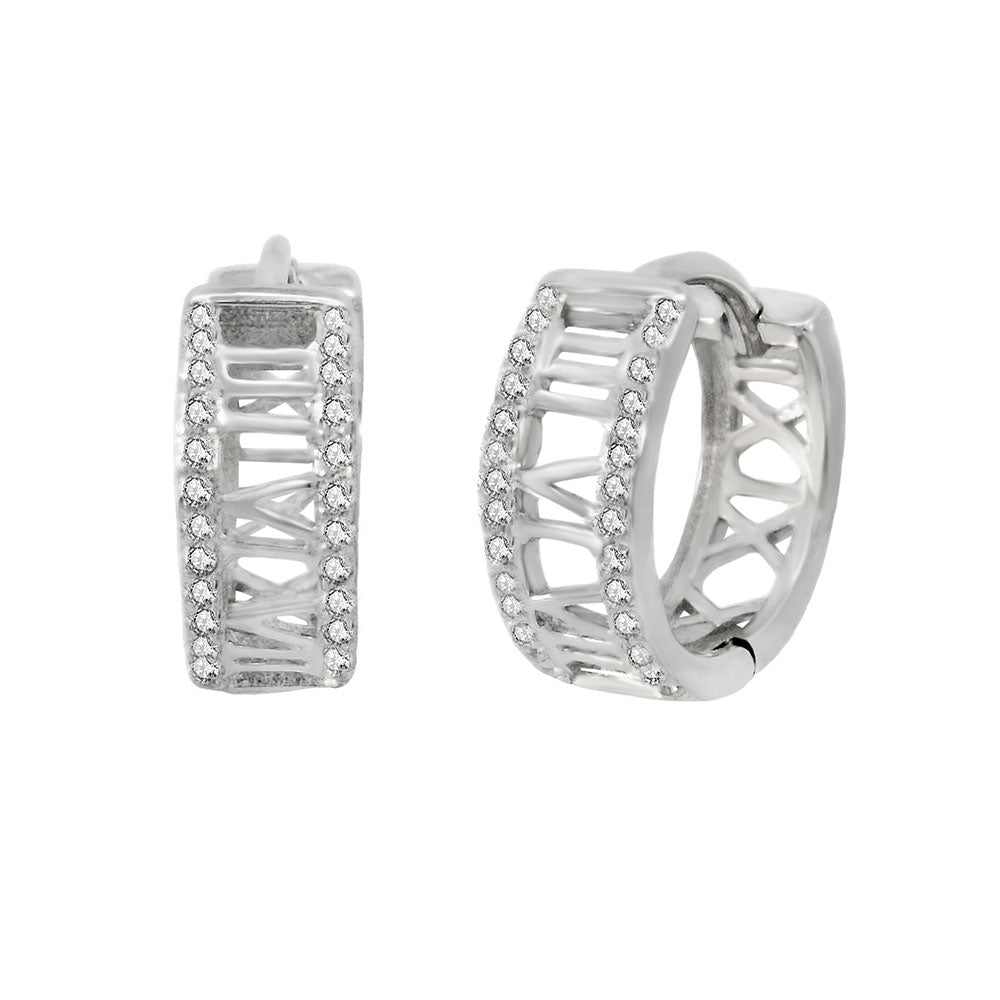 Sterling Silver Roman Numerals CZ Huggie Hoop Earrings Width4.8mm, Diameter-13mm