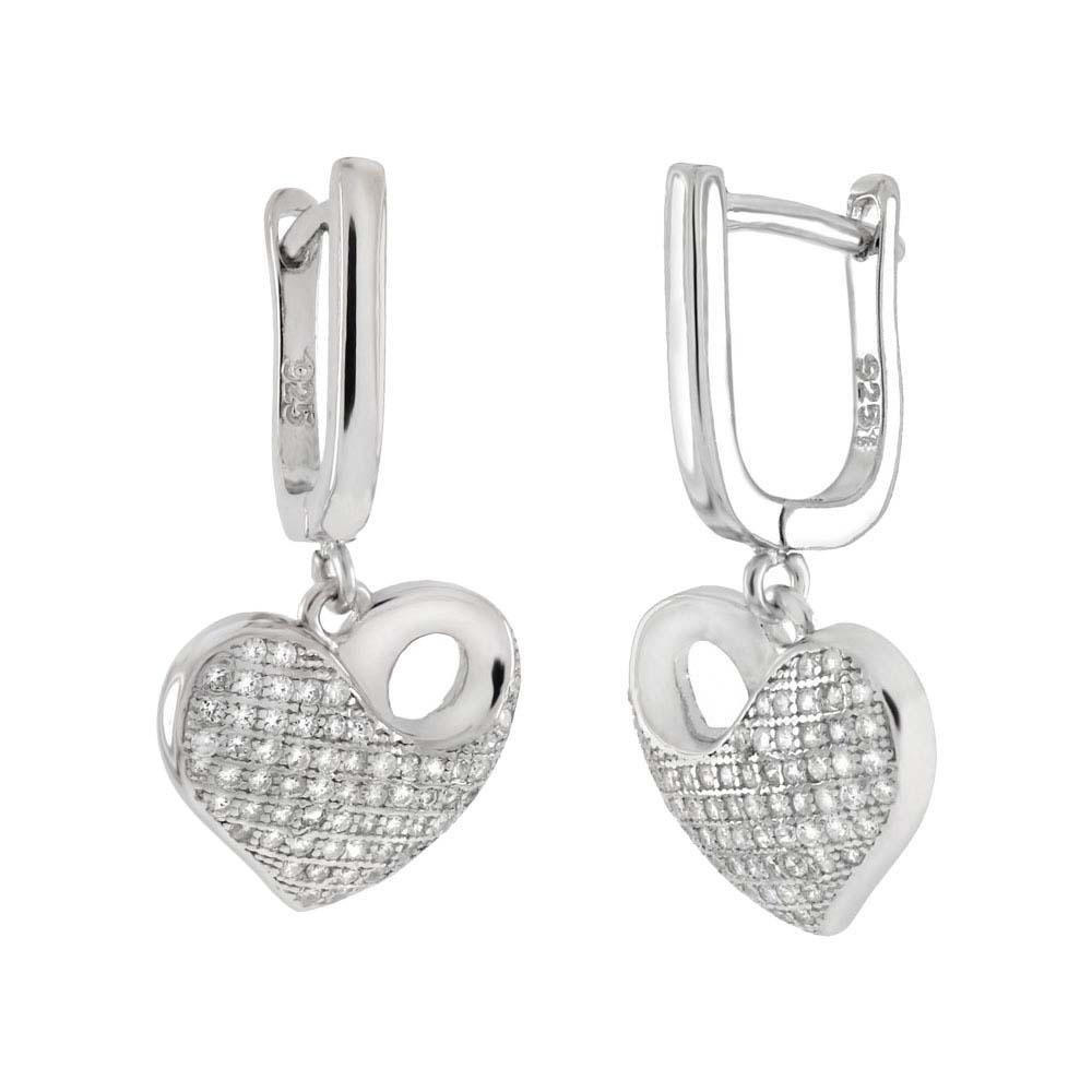 Sterling Silver Micro Pave Cubic Zirconia Dangle Heart With French Style Hoop Earrings