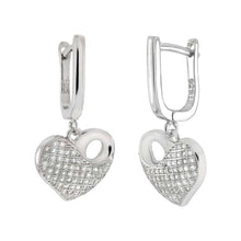 Load image into Gallery viewer, Sterling Silver Micro Pave Cubic Zirconia Dangle Heart With French Style Hoop Earrings