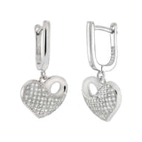 Sterling Silver Micro Pave Cubic Zirconia Dangle Heart With French Style Hoop Earrings