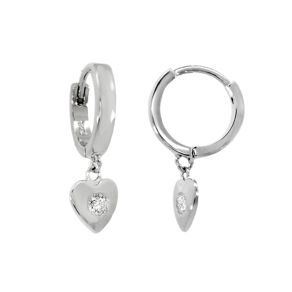 Sterling Silver Rhodium Dangle Heart With CZ Huggie Hoop Earrings Width-2.5mm, Height-7/8inch, Diameter-13mm