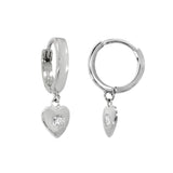 Sterling Silver Rhodium Dangle Heart With CZ Huggie Hoop Earrings Width-2.5mm, Height-7/8inch, Diameter-13mm