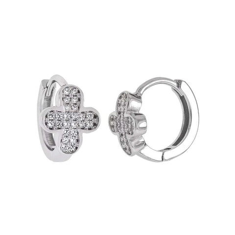 Sterling Silver Pave CZ Cross Huggie Hoop Earrings