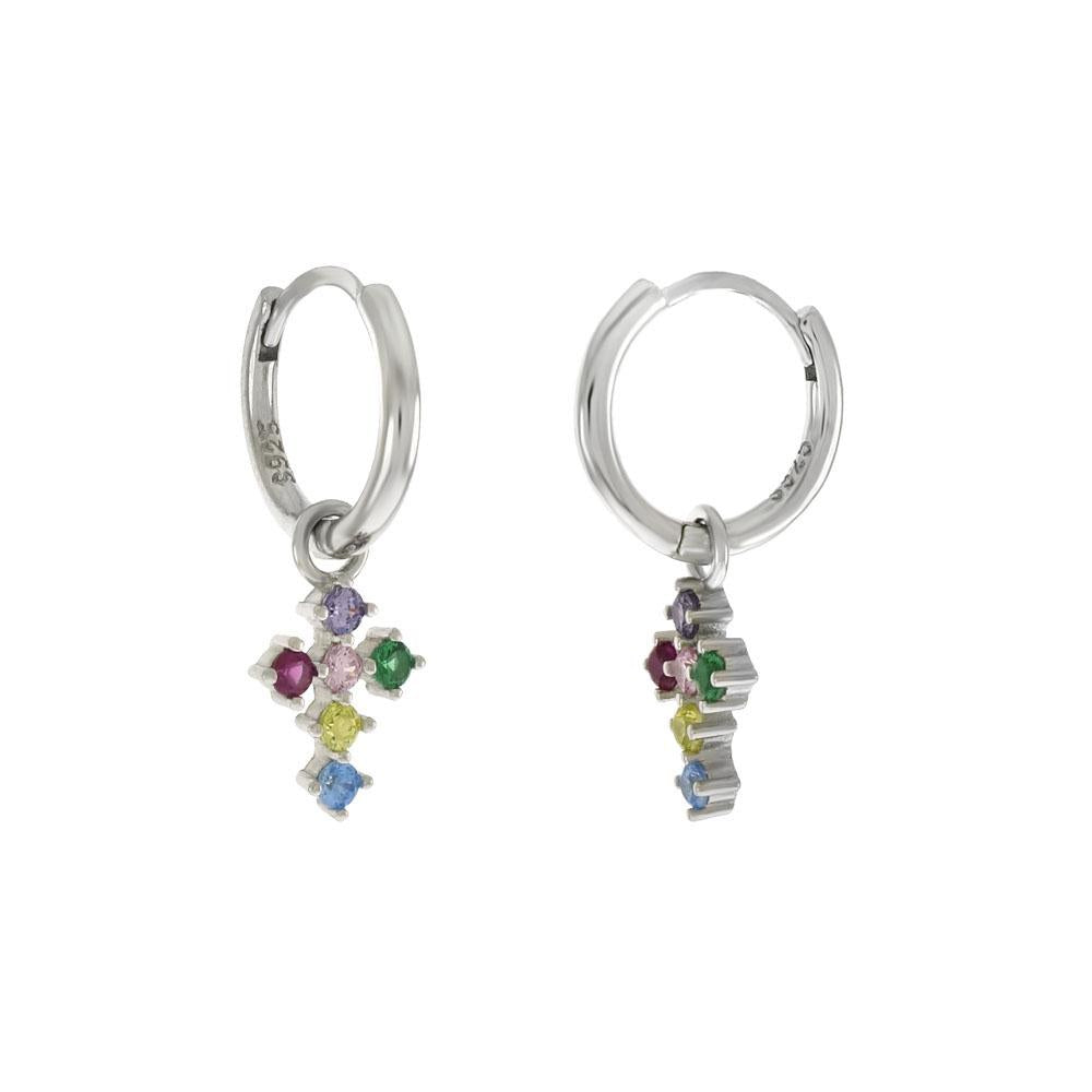 Sterling Silver Colorful CZ Dangle Cross Rhodium Huggie Hoop Earrings