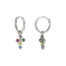 Load image into Gallery viewer, Sterling Silver Colorful CZ Dangle Cross Rhodium Huggie Hoop Earrings
