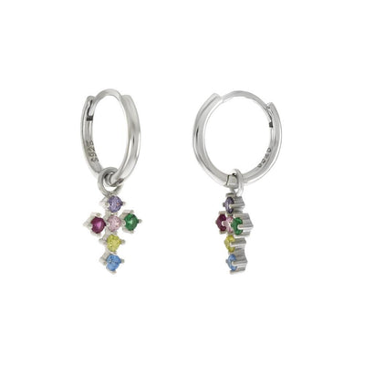 Sterling Silver Colorful CZ Dangle Cross Rhodium Huggie Hoop Earrings