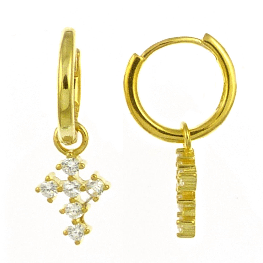 Sterling Silver Gold Plated CZ Cross With Huggie Hoop Earrings