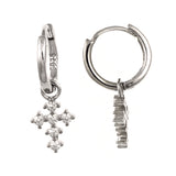 Sterling Silver CZ Cross With Huggie Rhodium Hoop Earrings