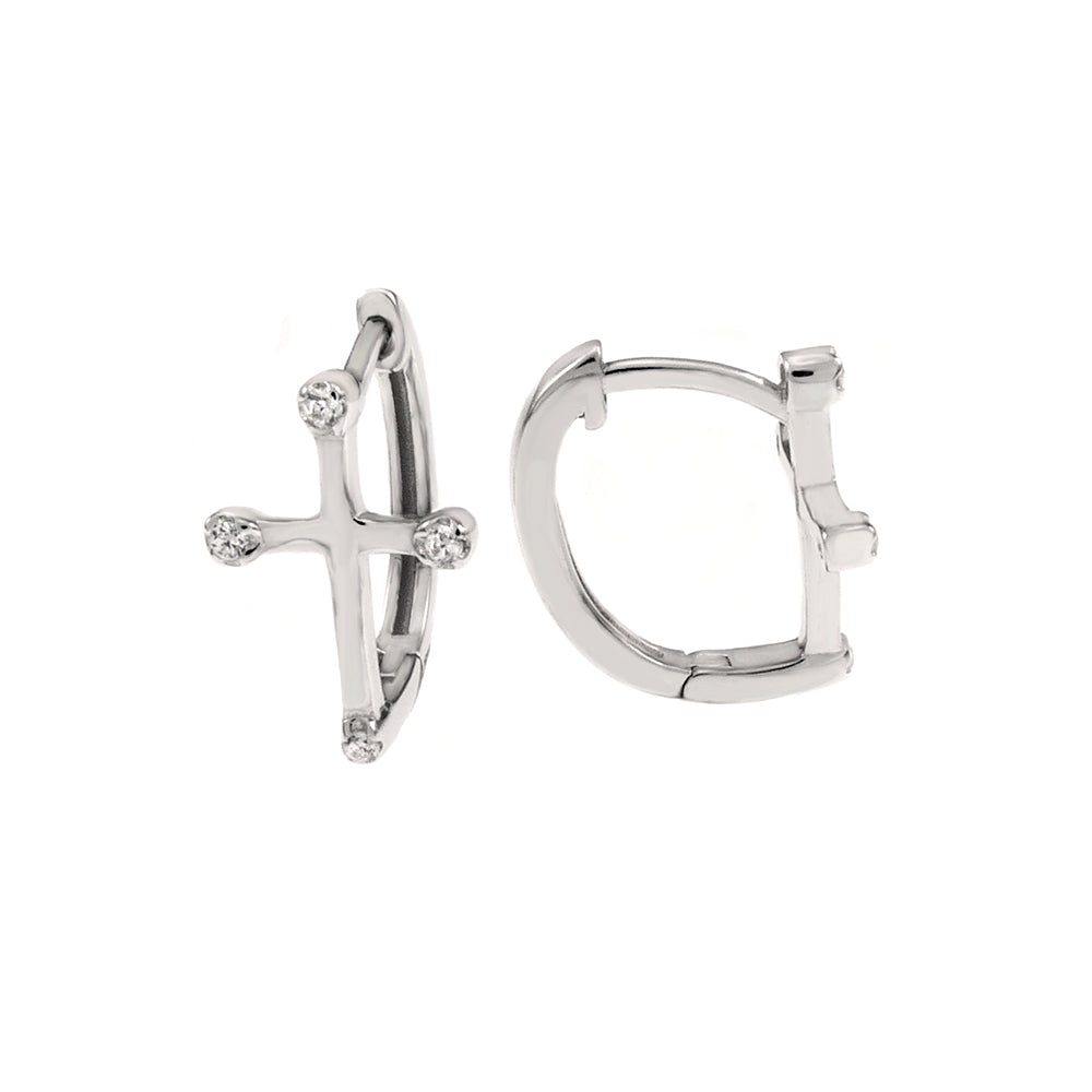 Sterling Silver Rhodium Cross CZ Huggie Hoop Earrings Width-9mm, Height-14mm