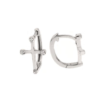 Load image into Gallery viewer, Sterling Silver Rhodium Cross CZ Huggie Hoop Earrings Width-9mm, Height-14mm