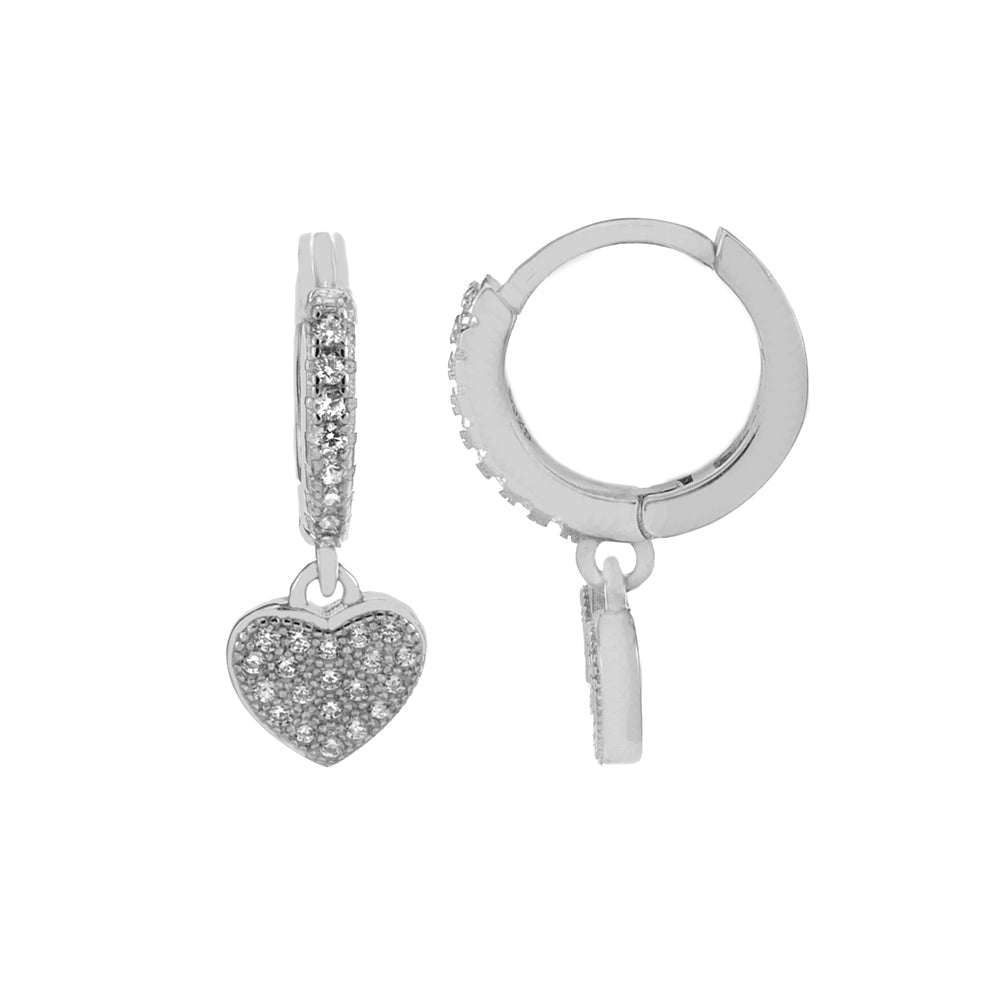Sterling Silver Dangle Pave CZ Heart Huggie Hoop Earrings Height-7/8inch, Diameter-12.5mm