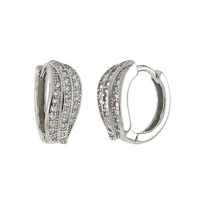 Sterling Silver Leaf Huggie Hoop Earrings With Pave Cubic Zirconia