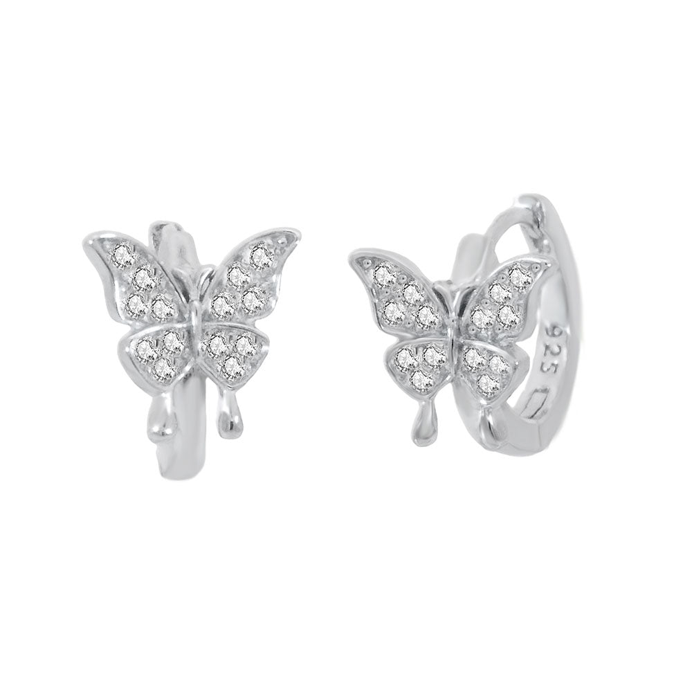 Sterling Silver Pave CZ Butterfly Huggie Hoop Earrings Width-11.5mm, Height-9.8mm, Diameter-13mm