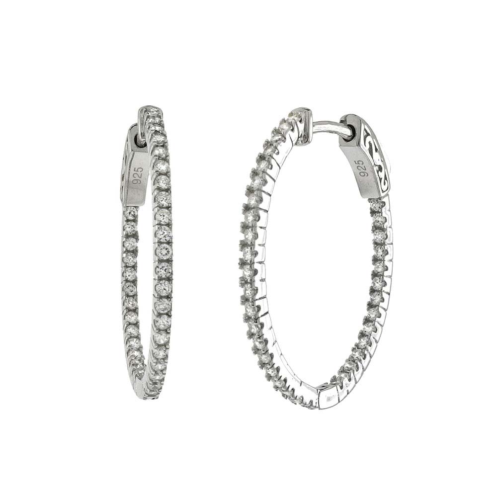 Sterling Silver Pave Set In & Out Cz Oval Shape Hoop Earrings with Earring Diameter of 28.57MM and Earring Dimension of 1.5MMx34.93MM