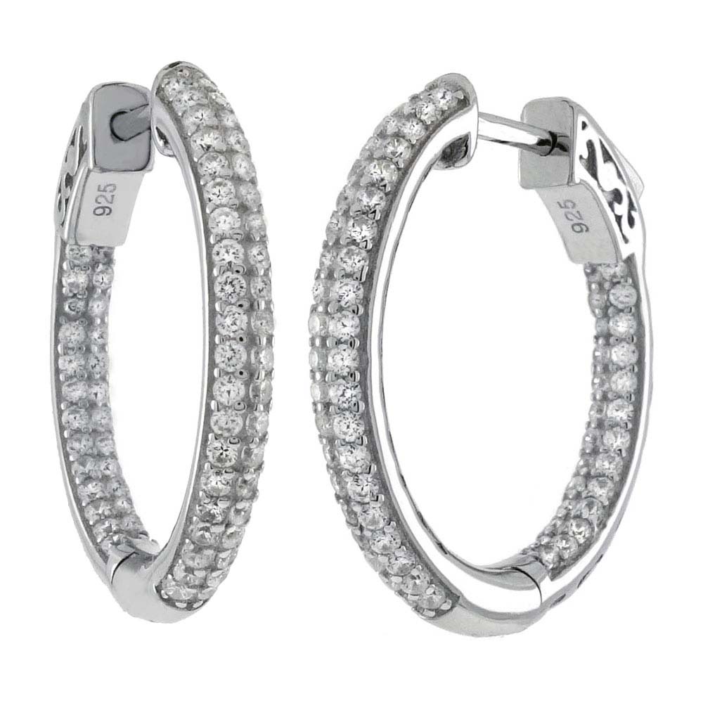Sterling Silver Pave Set Tube In and Out Cz Hoop Earrings with Earring Diameter of 31.75MM and Earring Width of 3MM