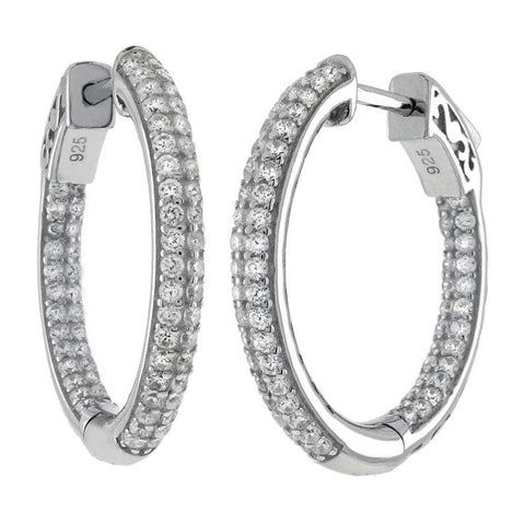 Sterling Silver Pave Set Tube In and Out Cz Hoop Earrings with Earring Diameter of 25.4MM and Earring Width of 3MM